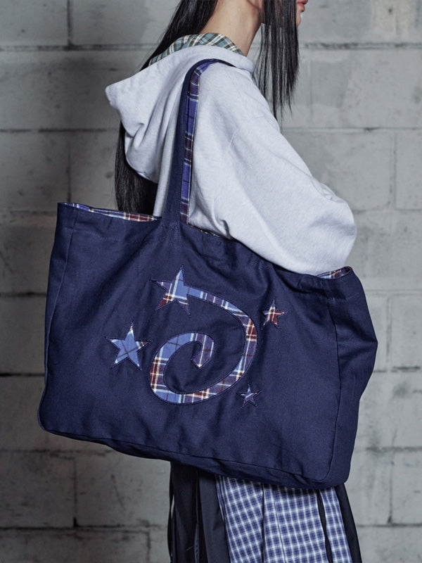 (韓國代購)LSC REVERSIBLE CHECK LOGO BIG ECO BAG (NAVY)(官方22/9後出貨)