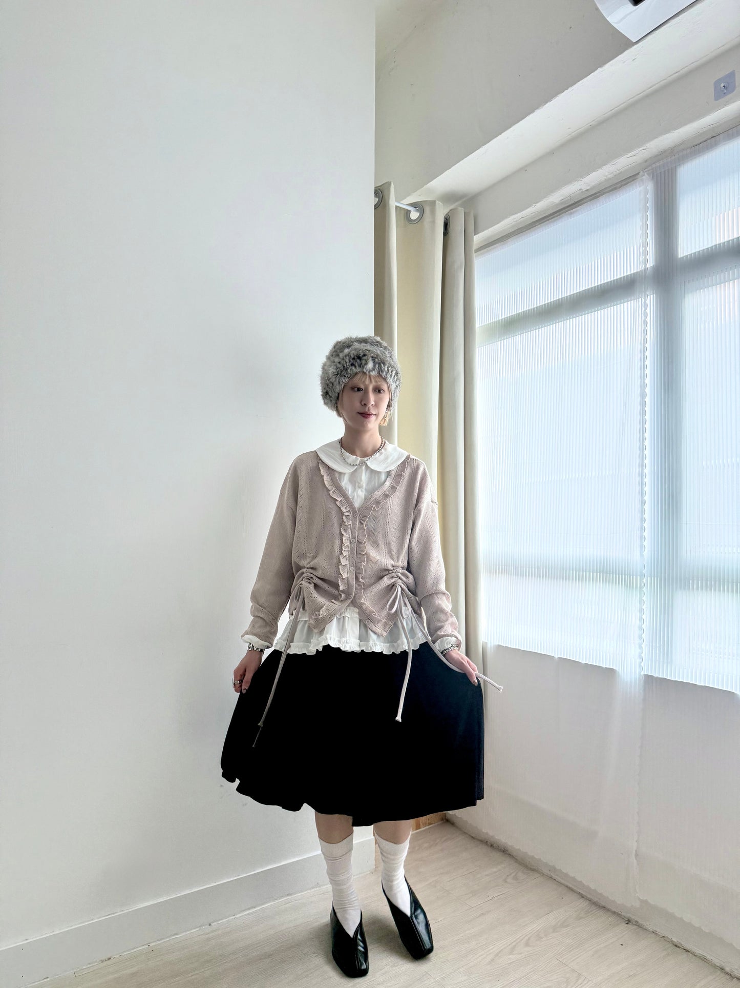 gathered mesh cardigan(beige/green) 現貨
