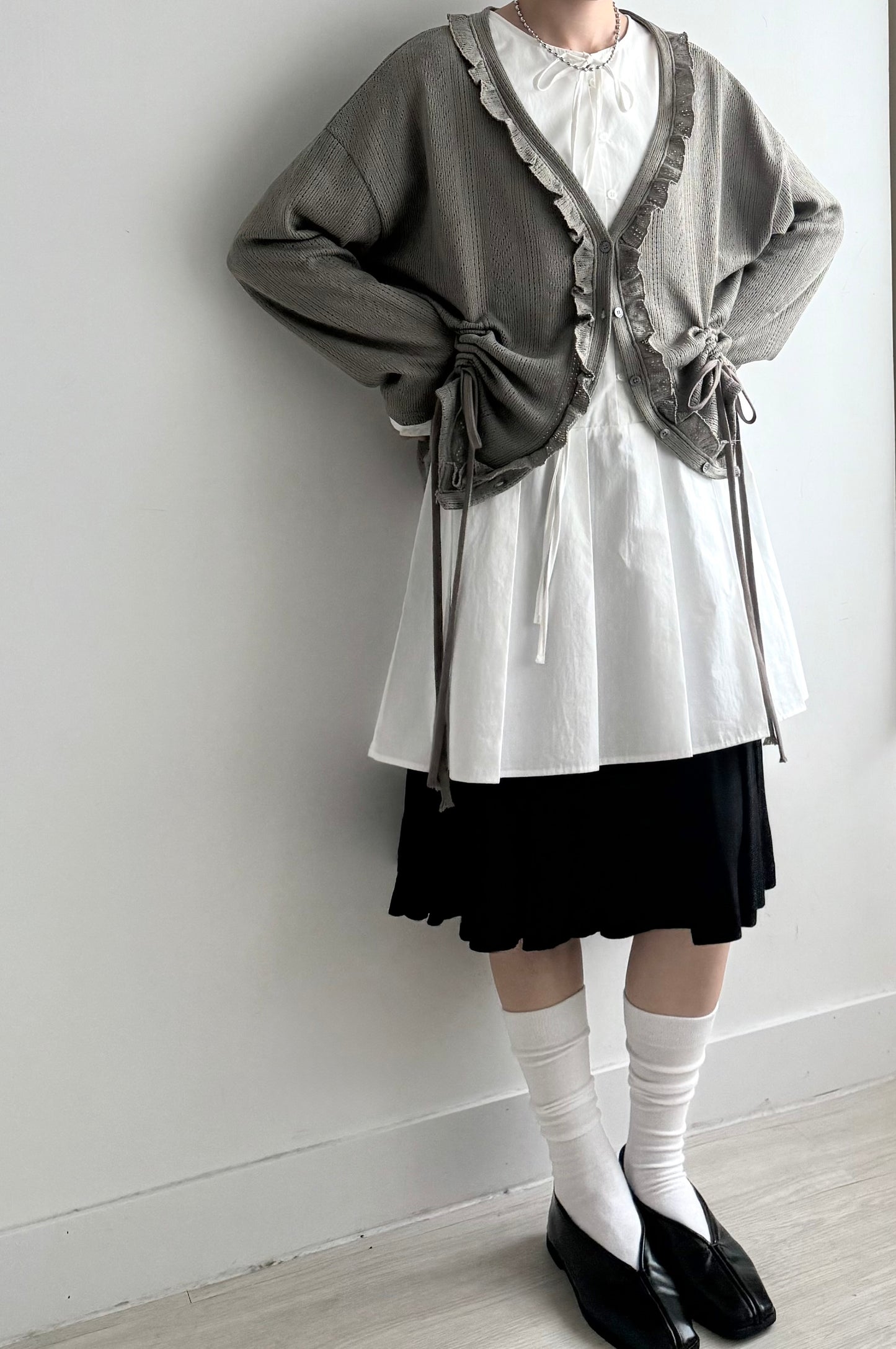 gathered mesh cardigan(beige/green) 現貨