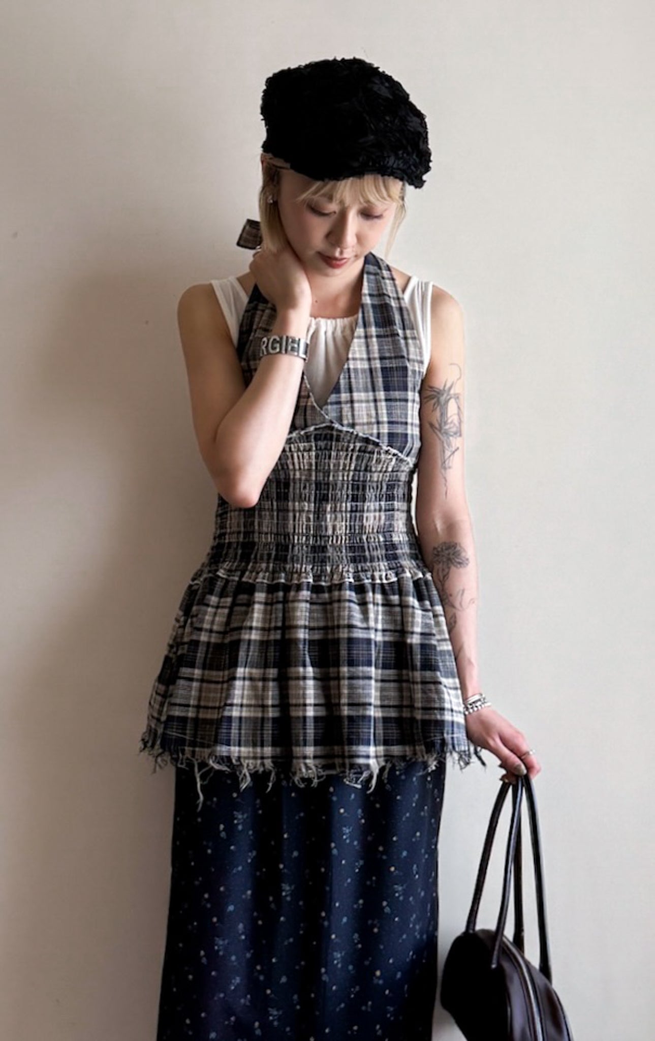 fringed checker vest(navy/red) 現貨