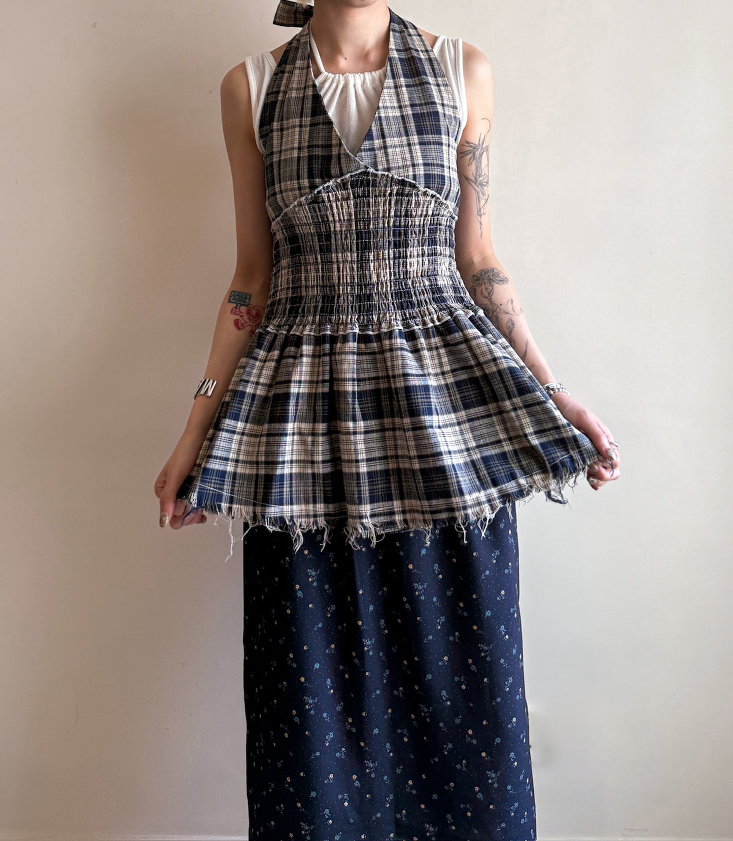fringed checker vest(navy/red) 現貨