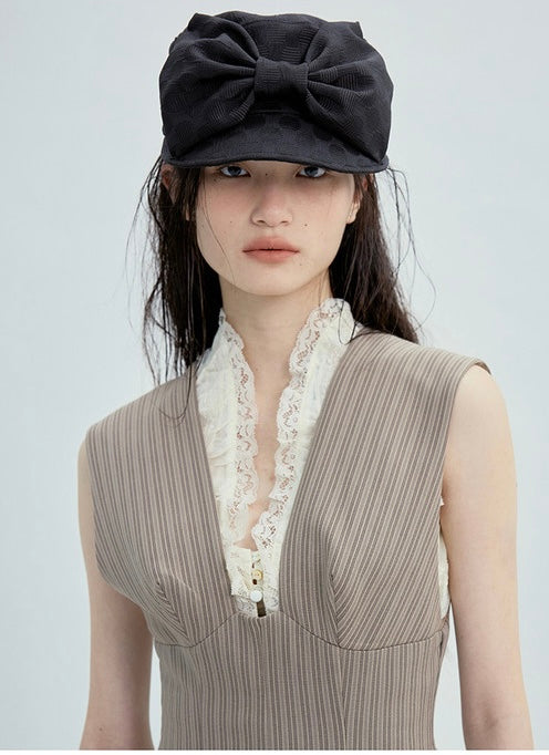 韓國代購:AWESOME NEEDS BELL BOY CAP RIBBON(DOT BLACK/DOT CREAM)