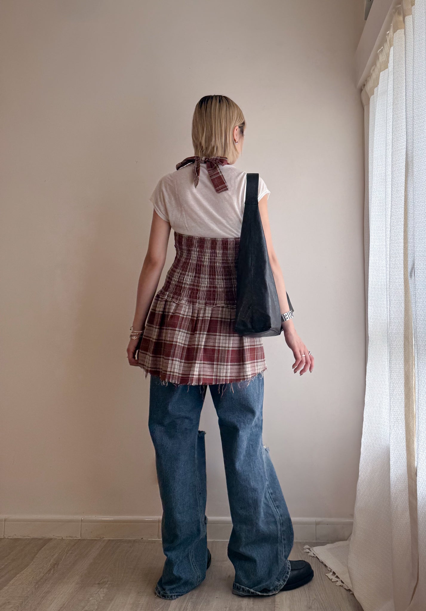 fringed checker vest(navy/red) 現貨