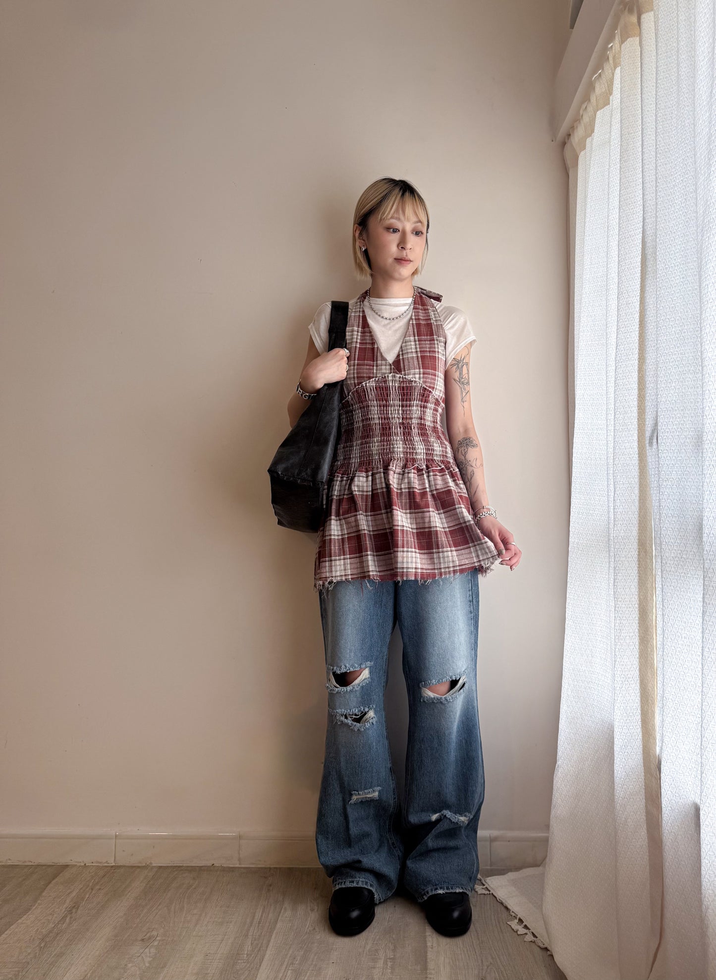 fringed checker vest(navy/red) 現貨