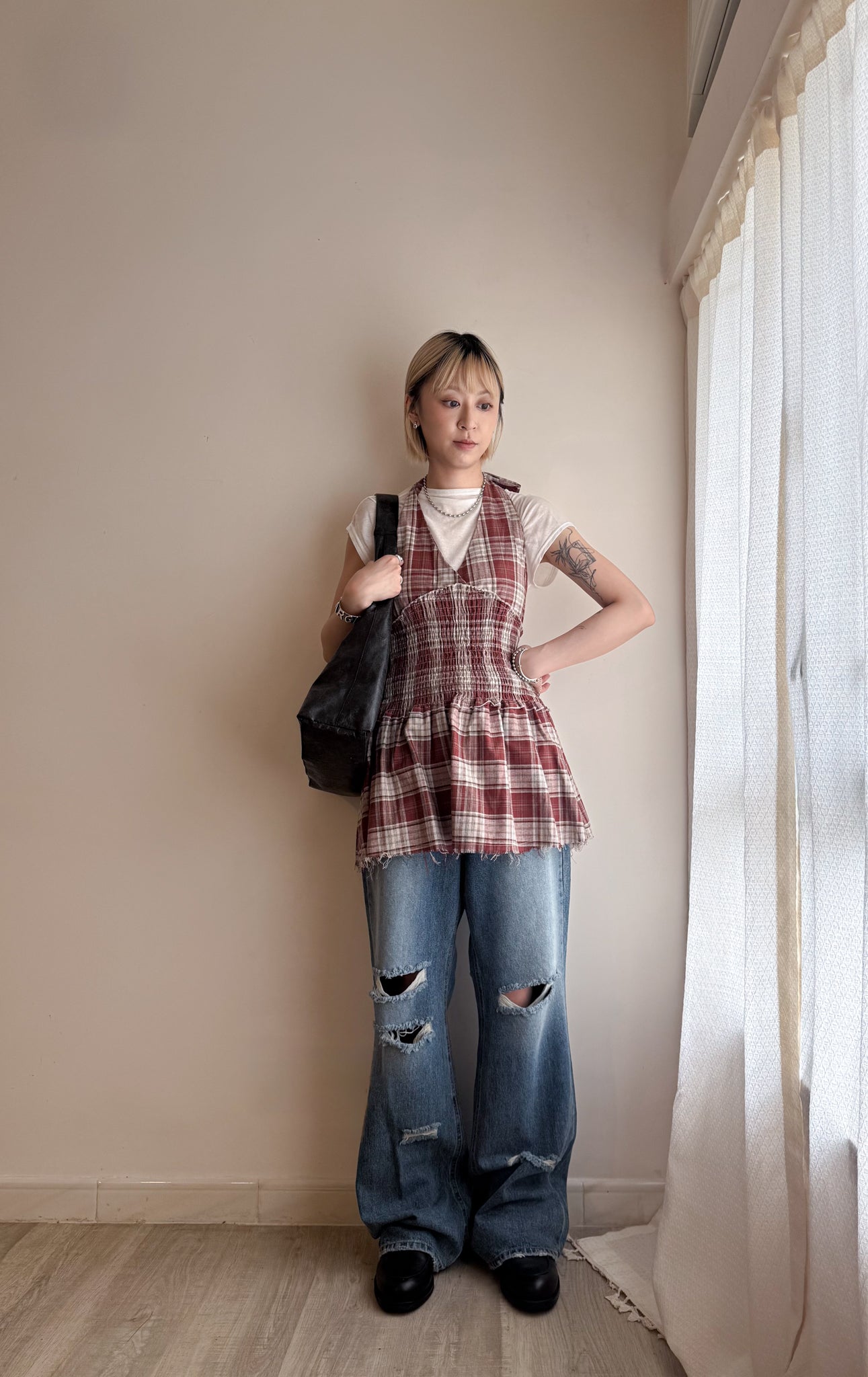 fringed checker vest(navy/red) 現貨