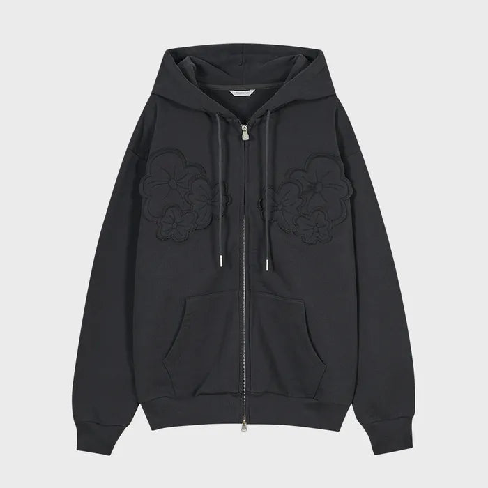 (韓國代購)typeservice flower applique zip hoodie(charcoal)