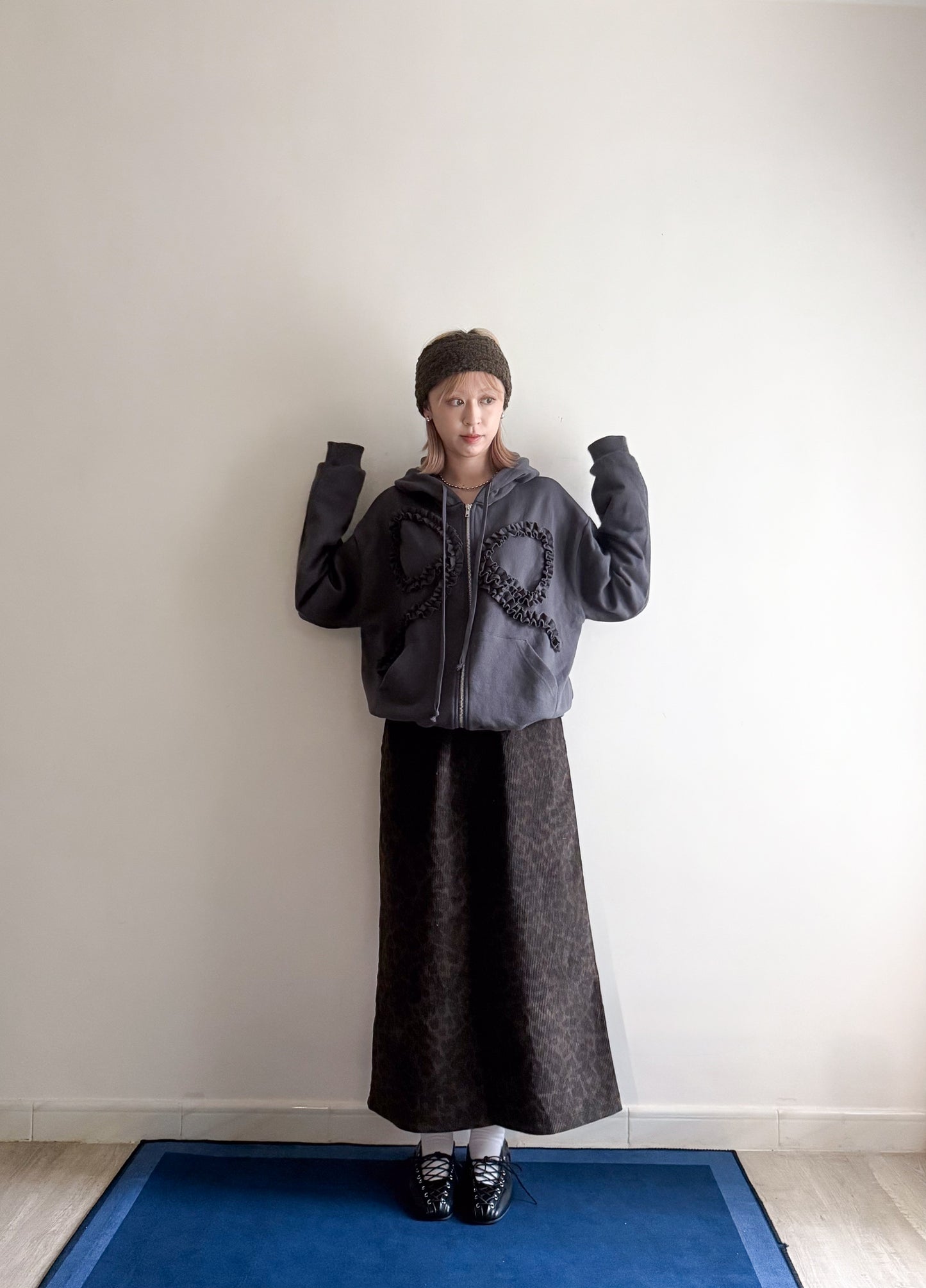 ribbon zipped hoodie(charcoal)