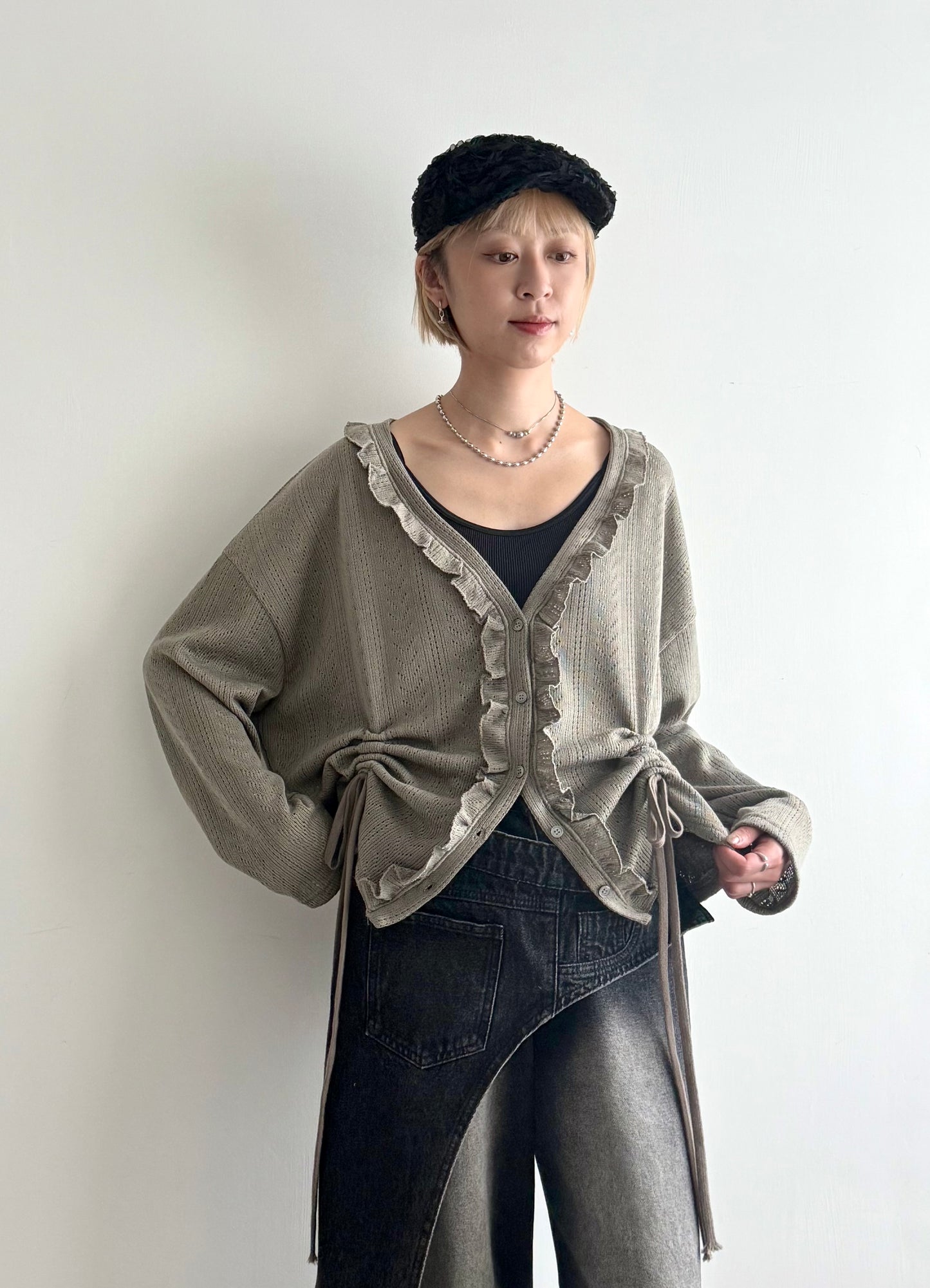 gathered mesh cardigan(beige/green) 現貨