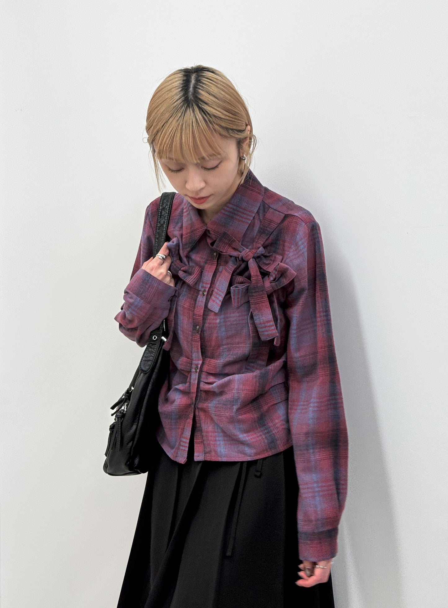 checker gathered shirt(purple/blue/grey)(現貨)