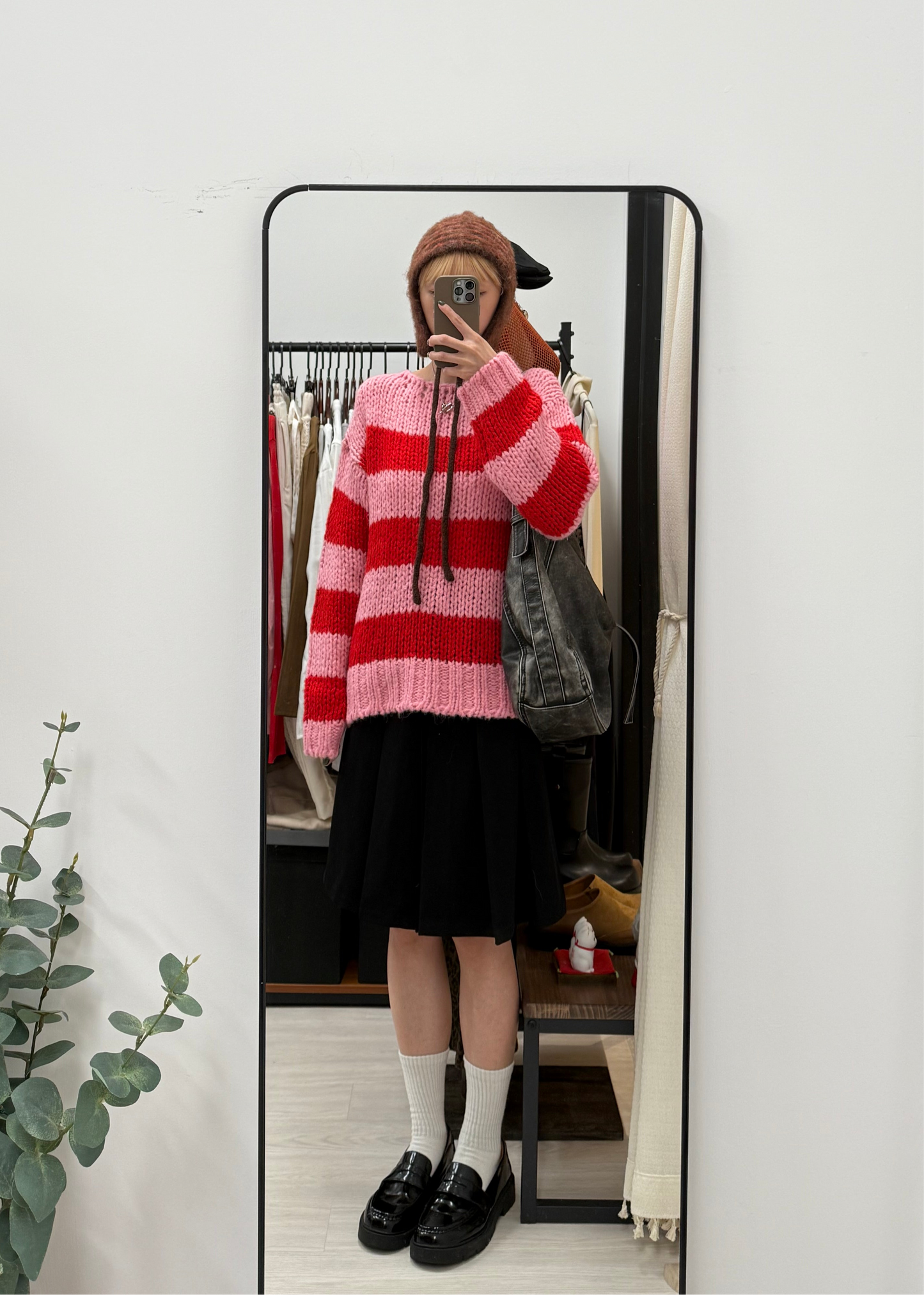 striped knit top(green/pink)現貨