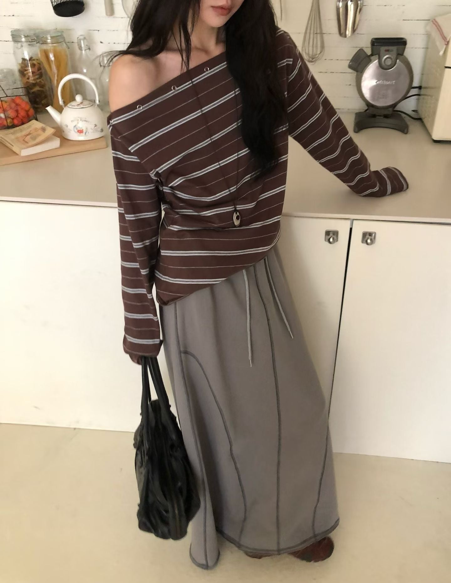 striped off shoulder top (brown/navy/grey)