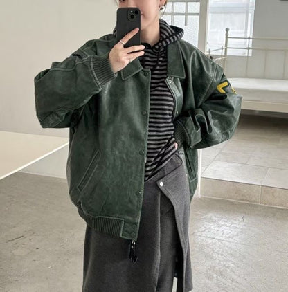 faux leather varsity jacket (olive/green/black)