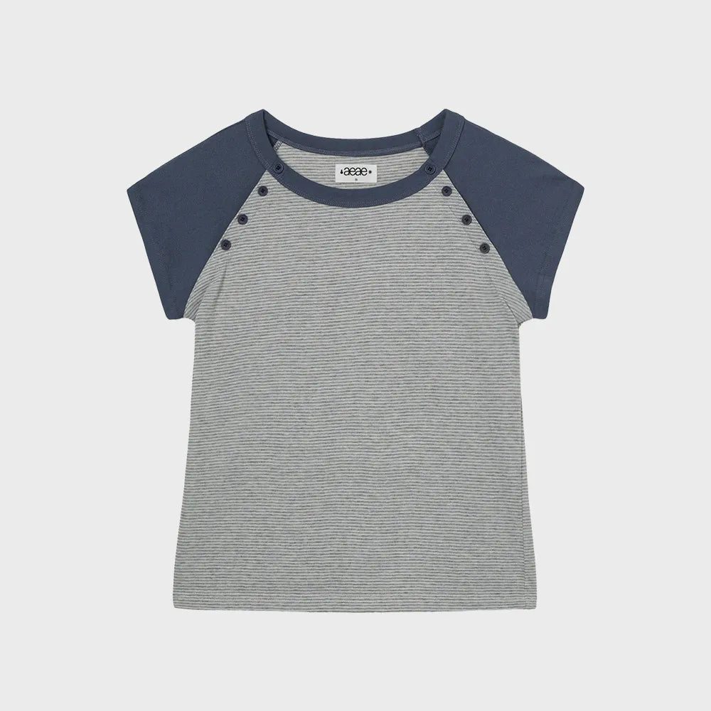 （韓國代購）AEAE stripe button raglan tee (grey/purple)