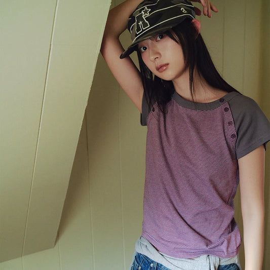 （韓國代購）AEAE stripe button raglan tee (grey/purple)