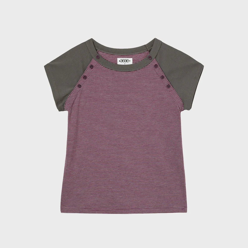 （韓國代購）AEAE stripe button raglan tee (grey/purple)