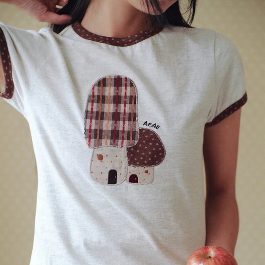 （韓國代購）AEAE mushroom applique tee(light grey/oatmeal)