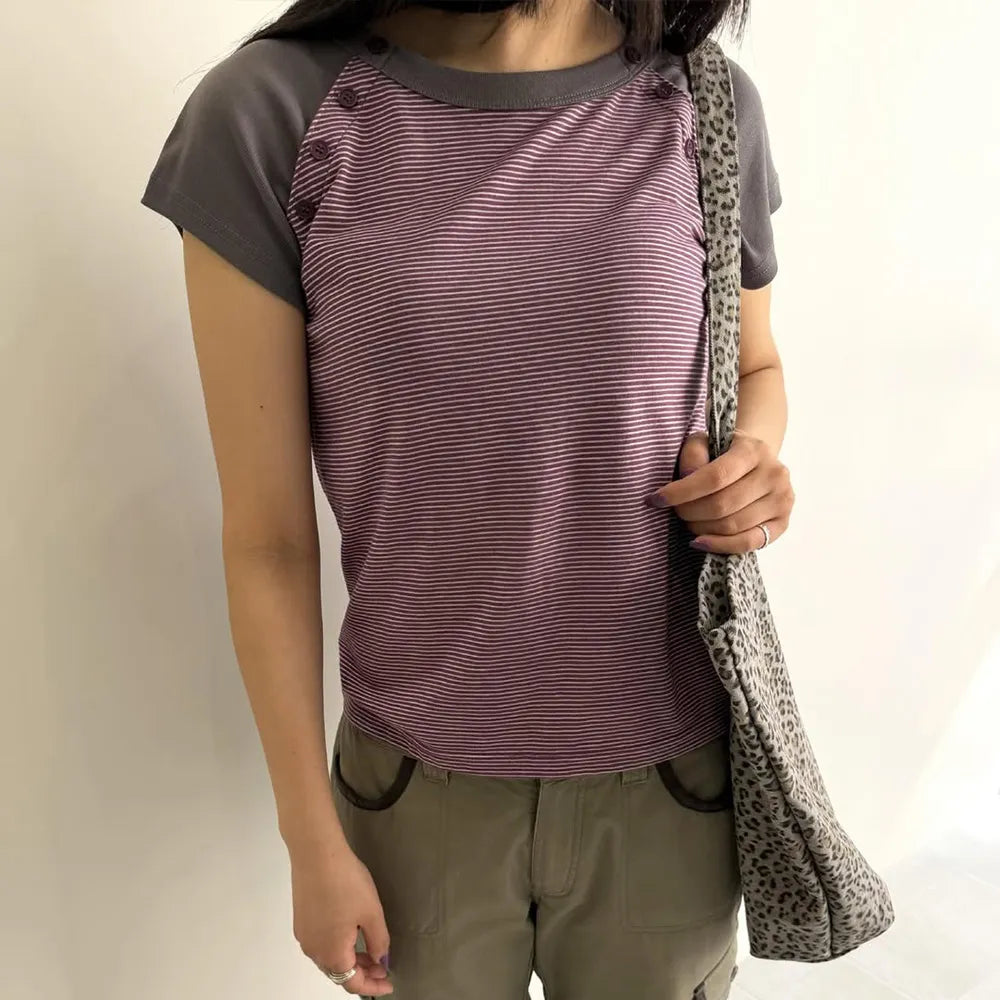 （韓國代購）AEAE stripe button raglan tee (grey/purple)