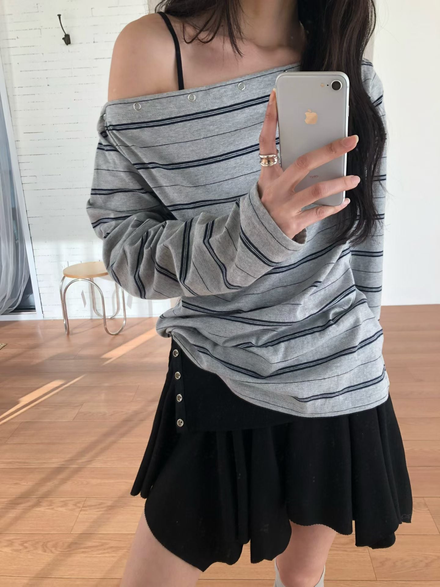 striped off shoulder top (brown/navy/grey)