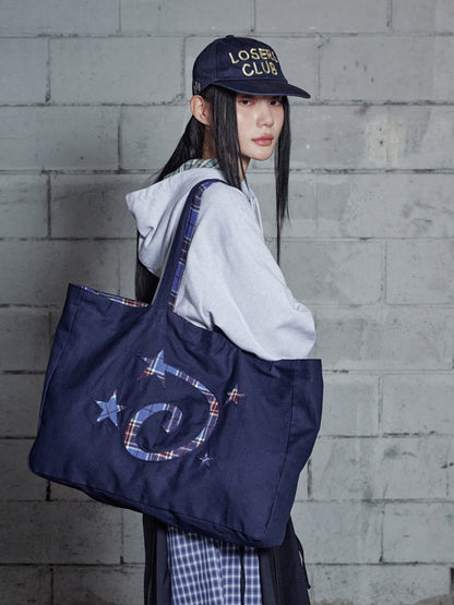 （韓國代購）LSC REVERSIBLE CHECK LOGO BIG ECO BAG (NAVY)（官方22/9後出貨）