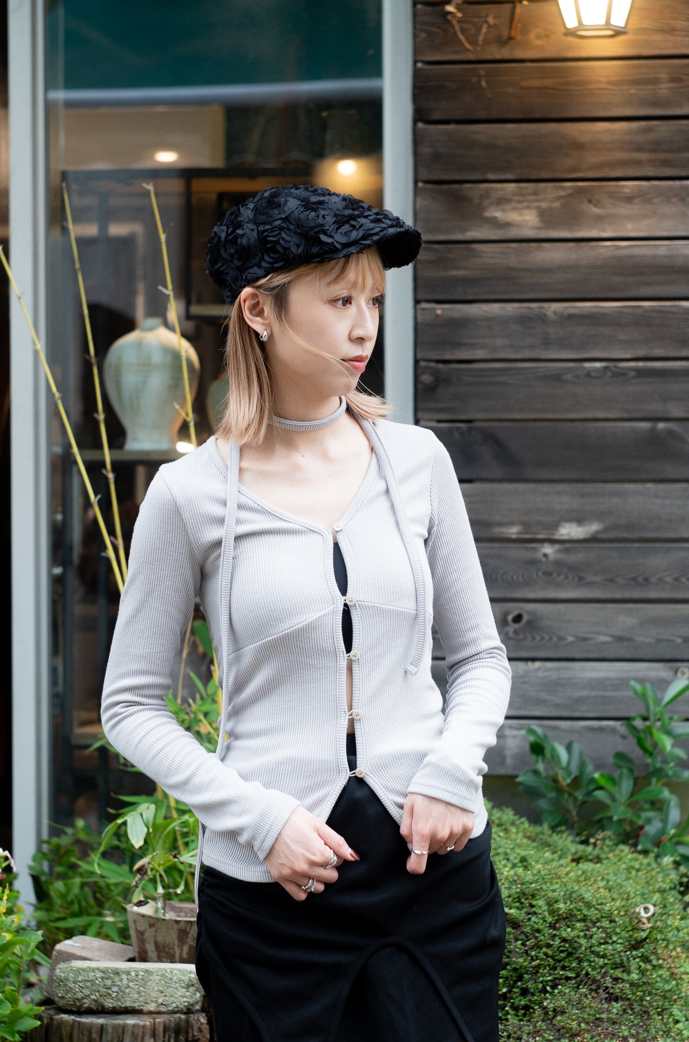 v neck ribbing top(black/light grey)