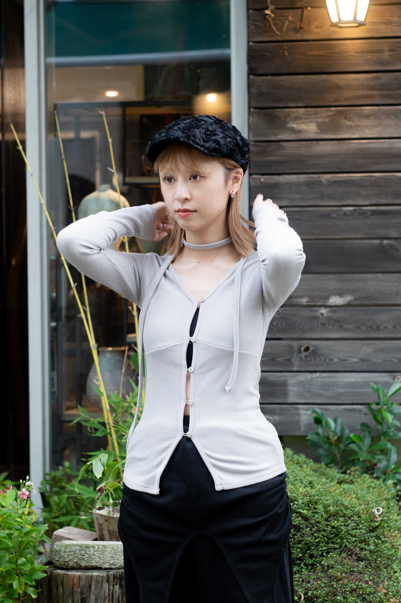 v neck ribbing top(black/light grey)