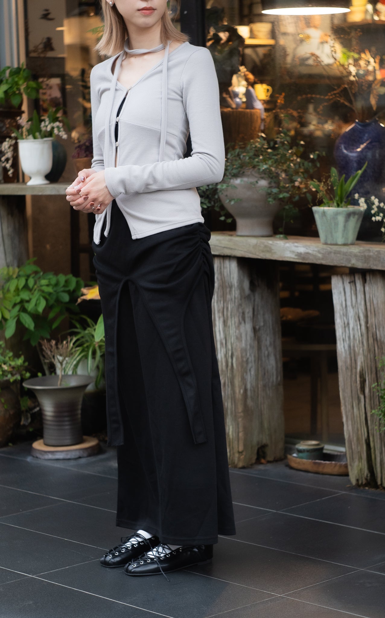 v neck ribbing top(black/light grey)