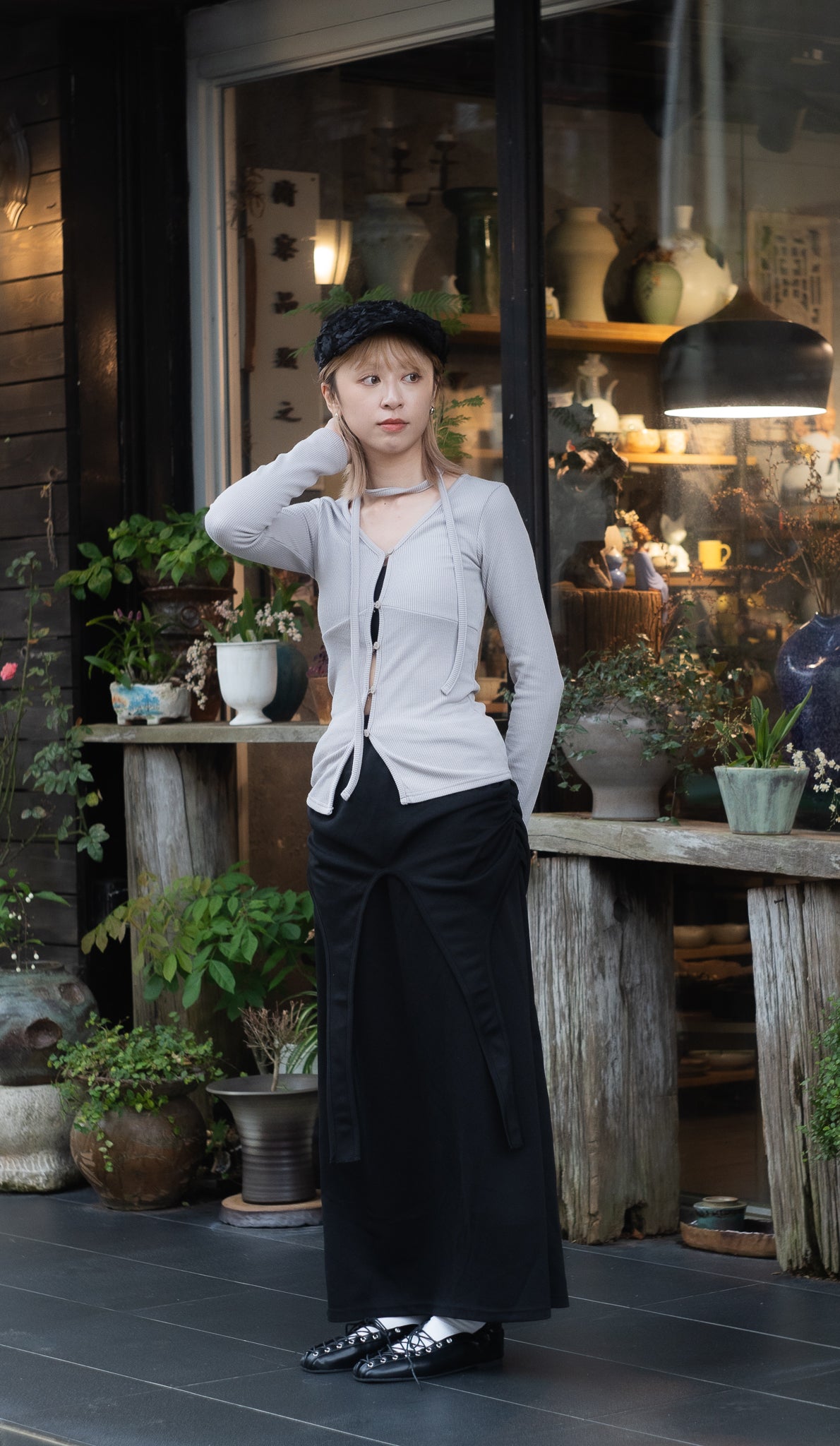 v neck ribbing top(black/light grey)