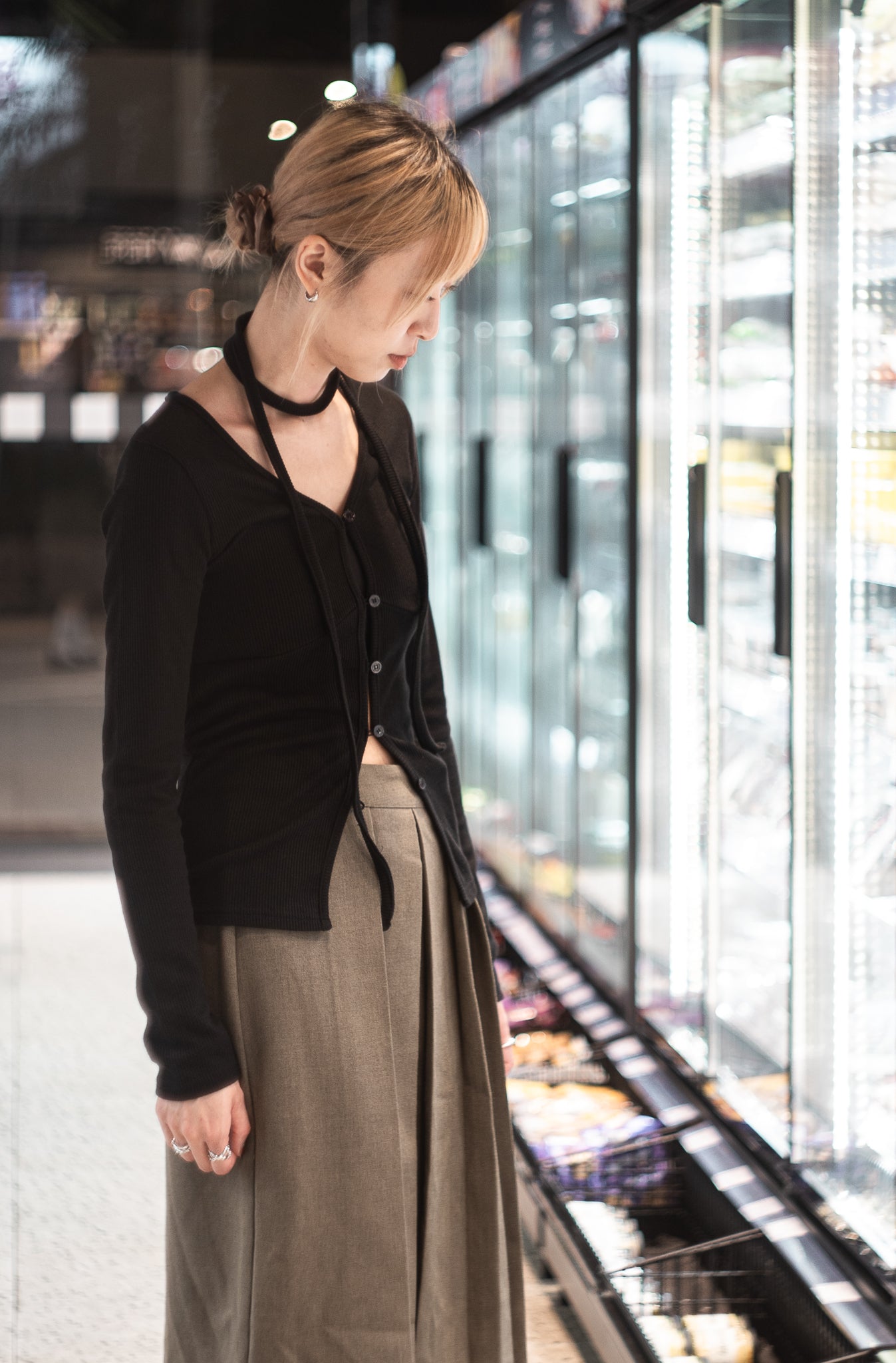 v neck ribbing top(black/light grey)