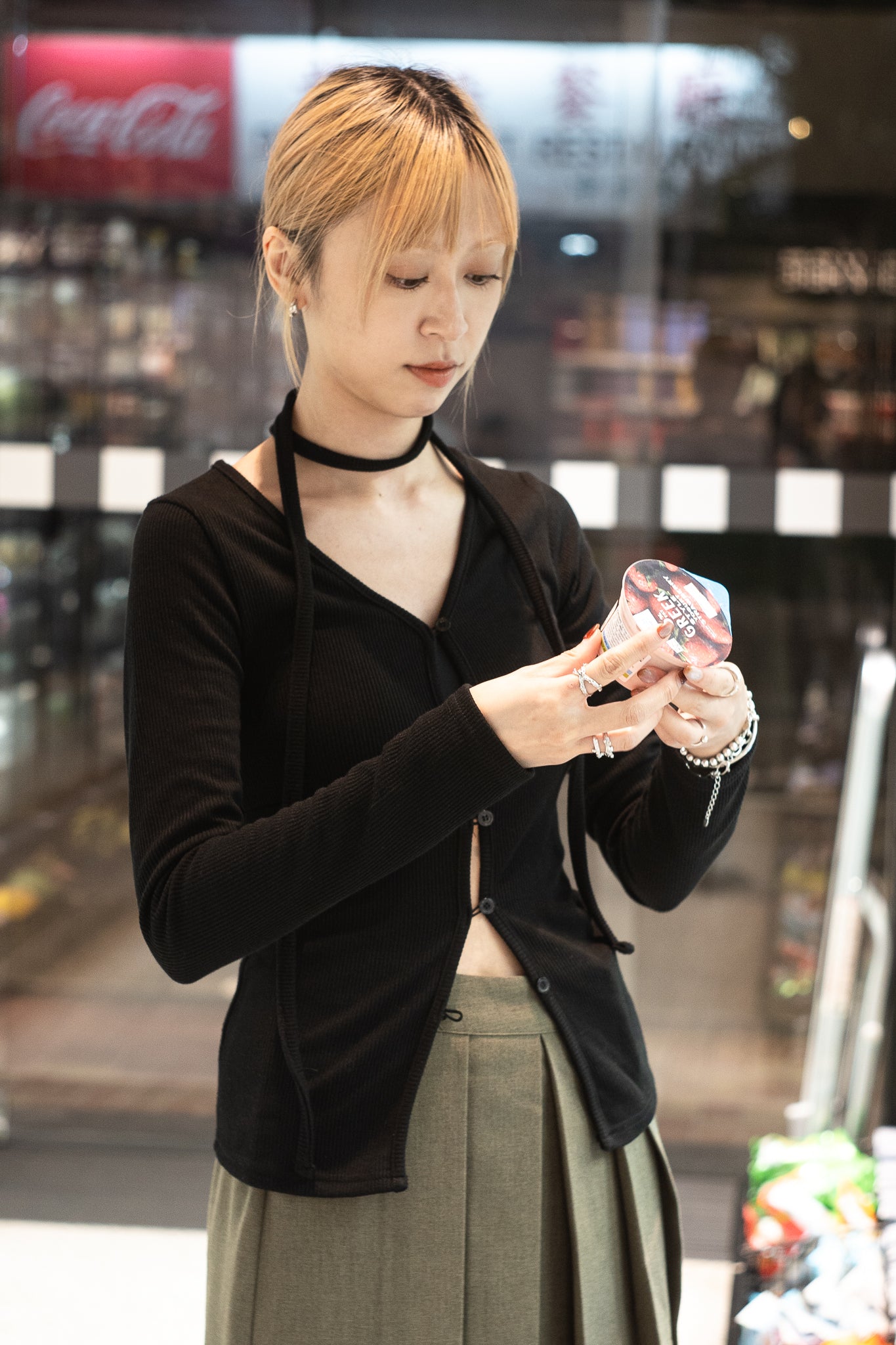 v neck ribbing top(black/light grey)