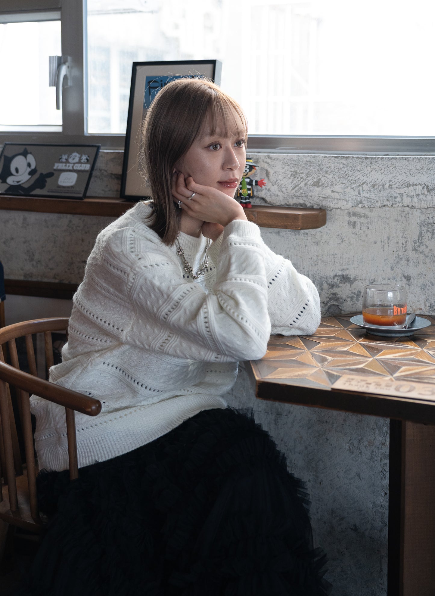 knit pullover with beanie (cream)