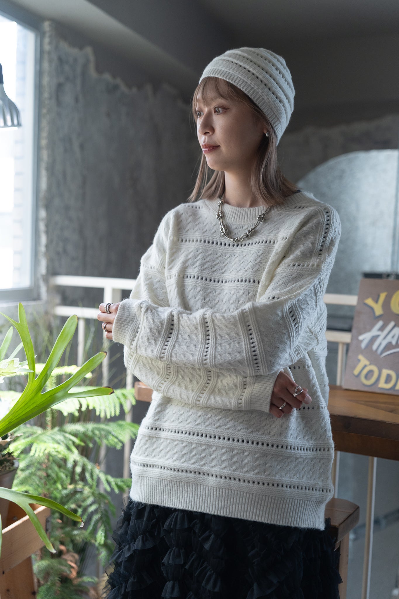 knit pullover with beanie (cream)