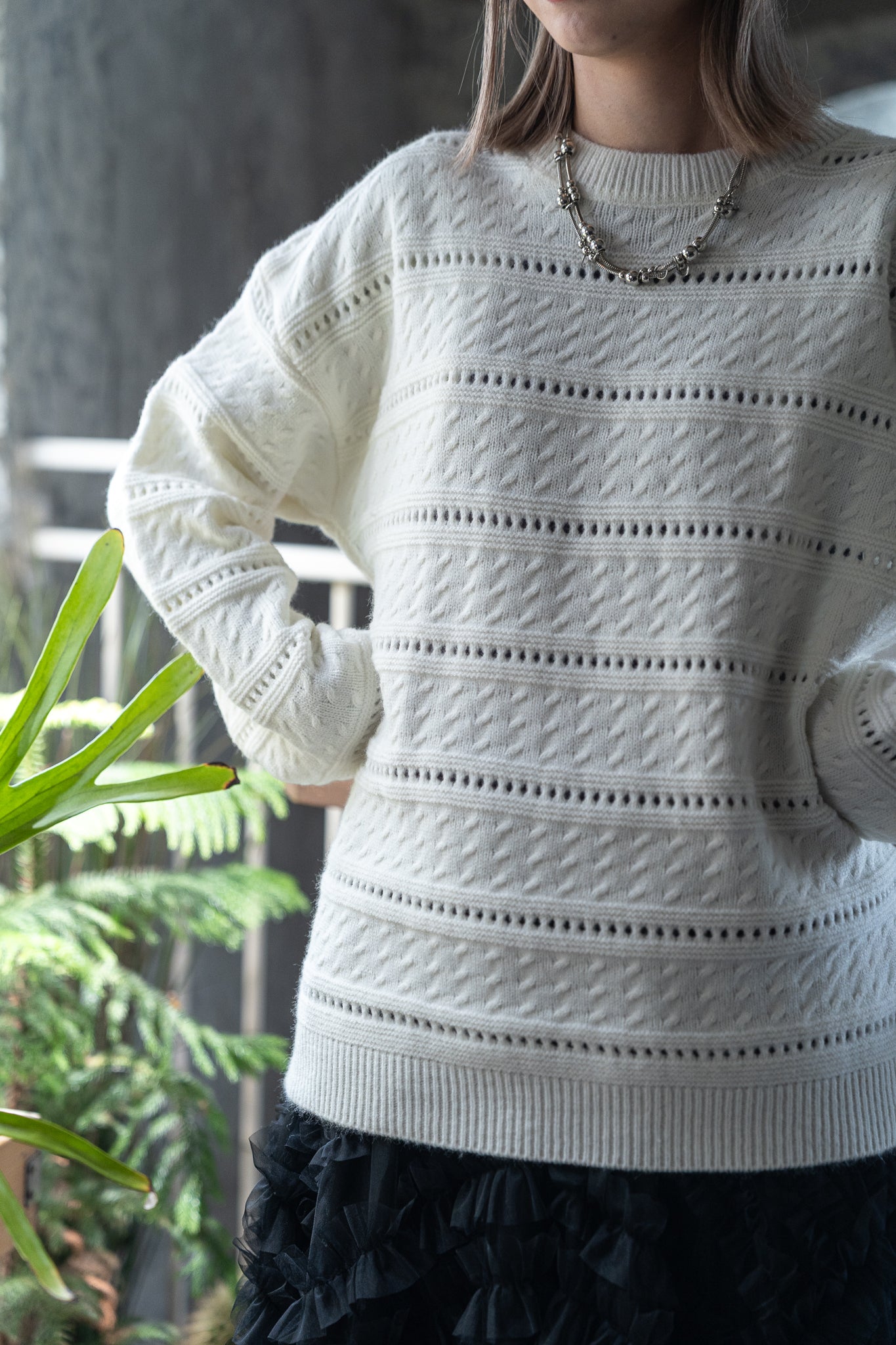 knit pullover with beanie (cream)