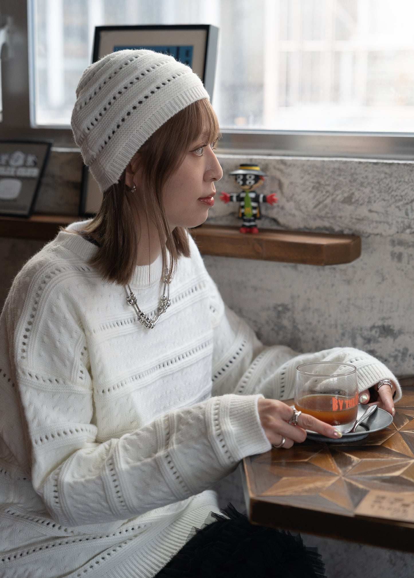 knit pullover with beanie (cream)