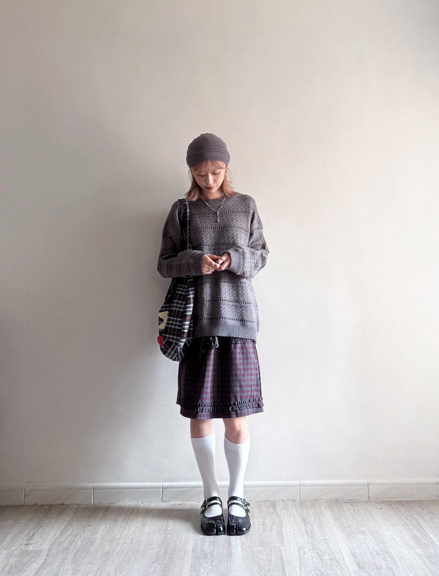 knit pullover with beanie (cream)