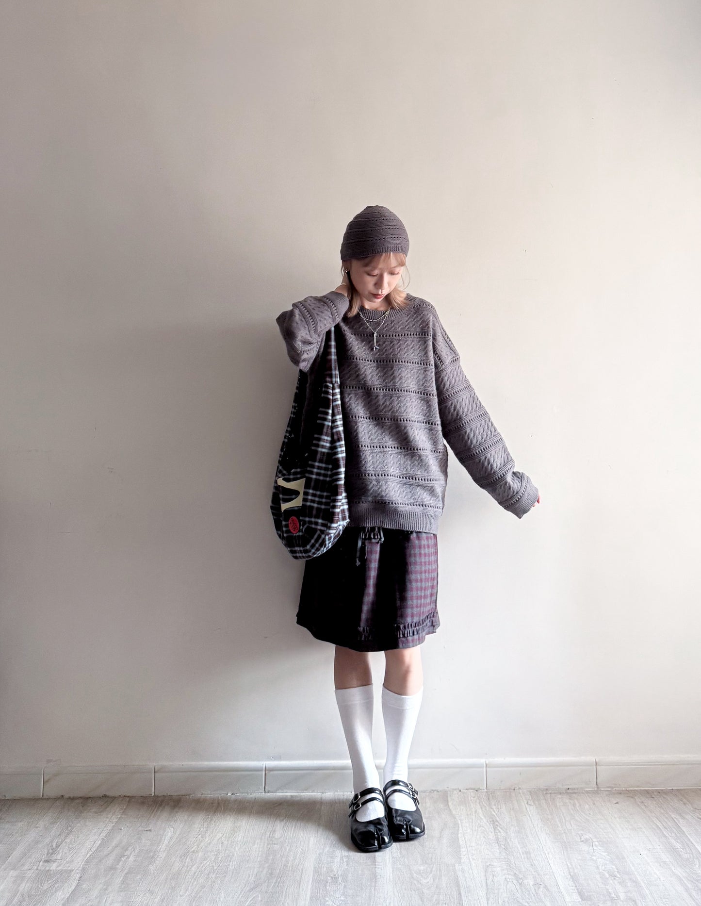 knit pullover with beanie (cream)