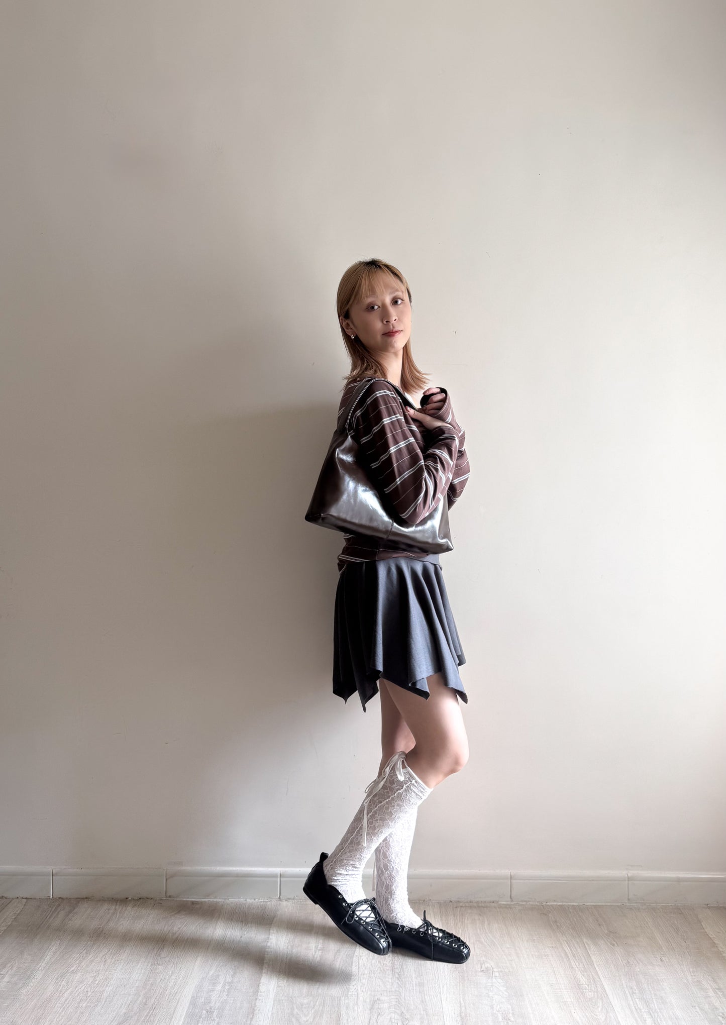 striped off shoulder top (brown/navy/grey)