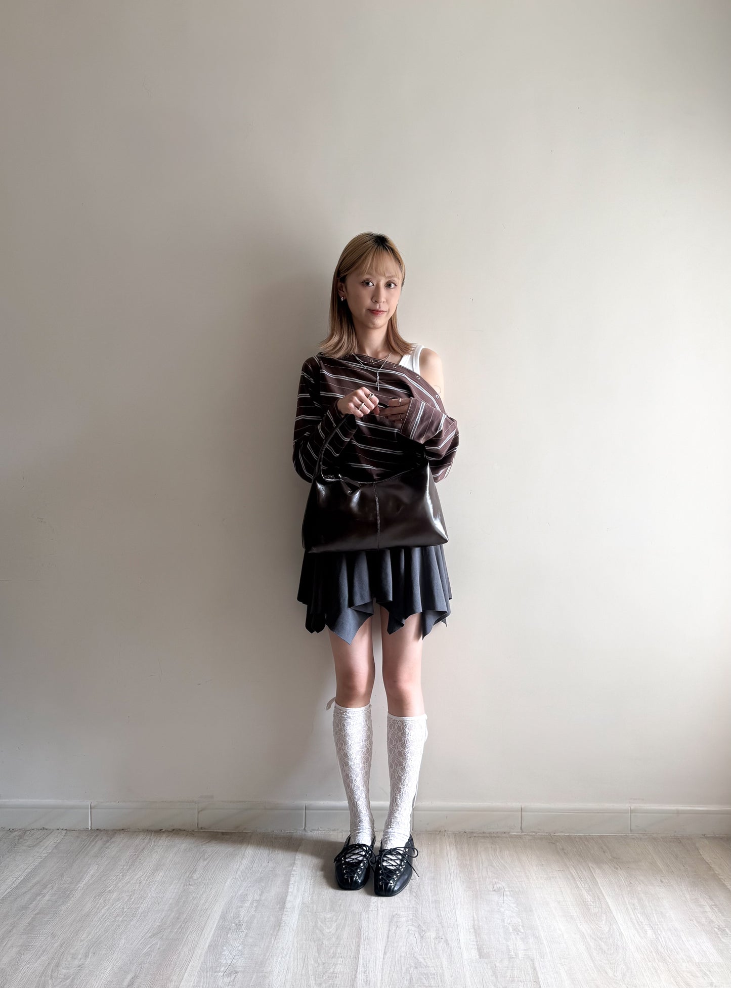 striped off shoulder top (brown/navy/grey)