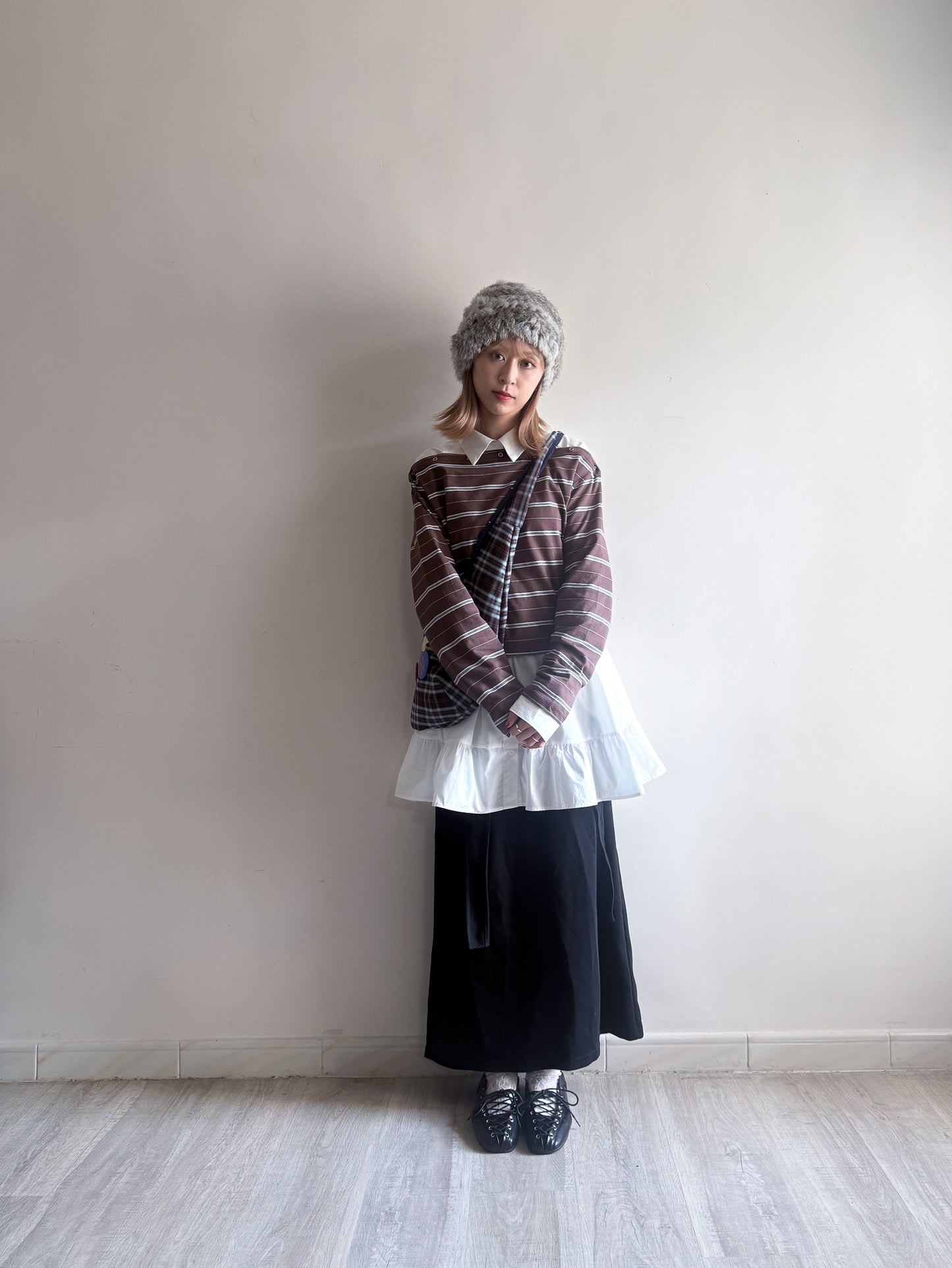 striped off shoulder top (brown/navy/grey)