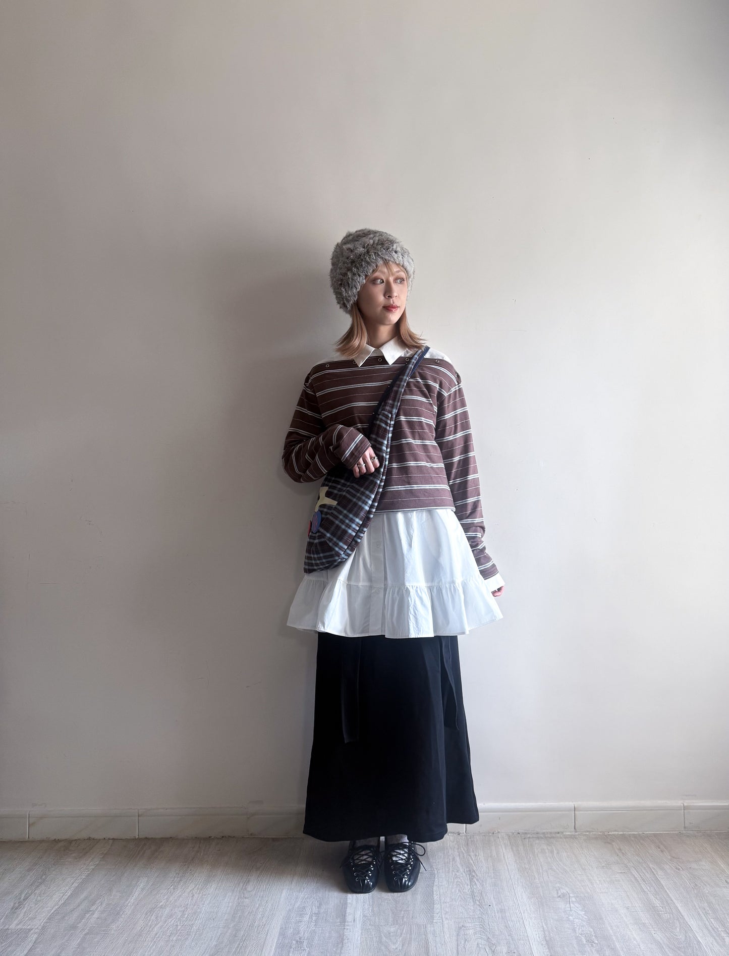 striped off shoulder top (brown/navy/grey)