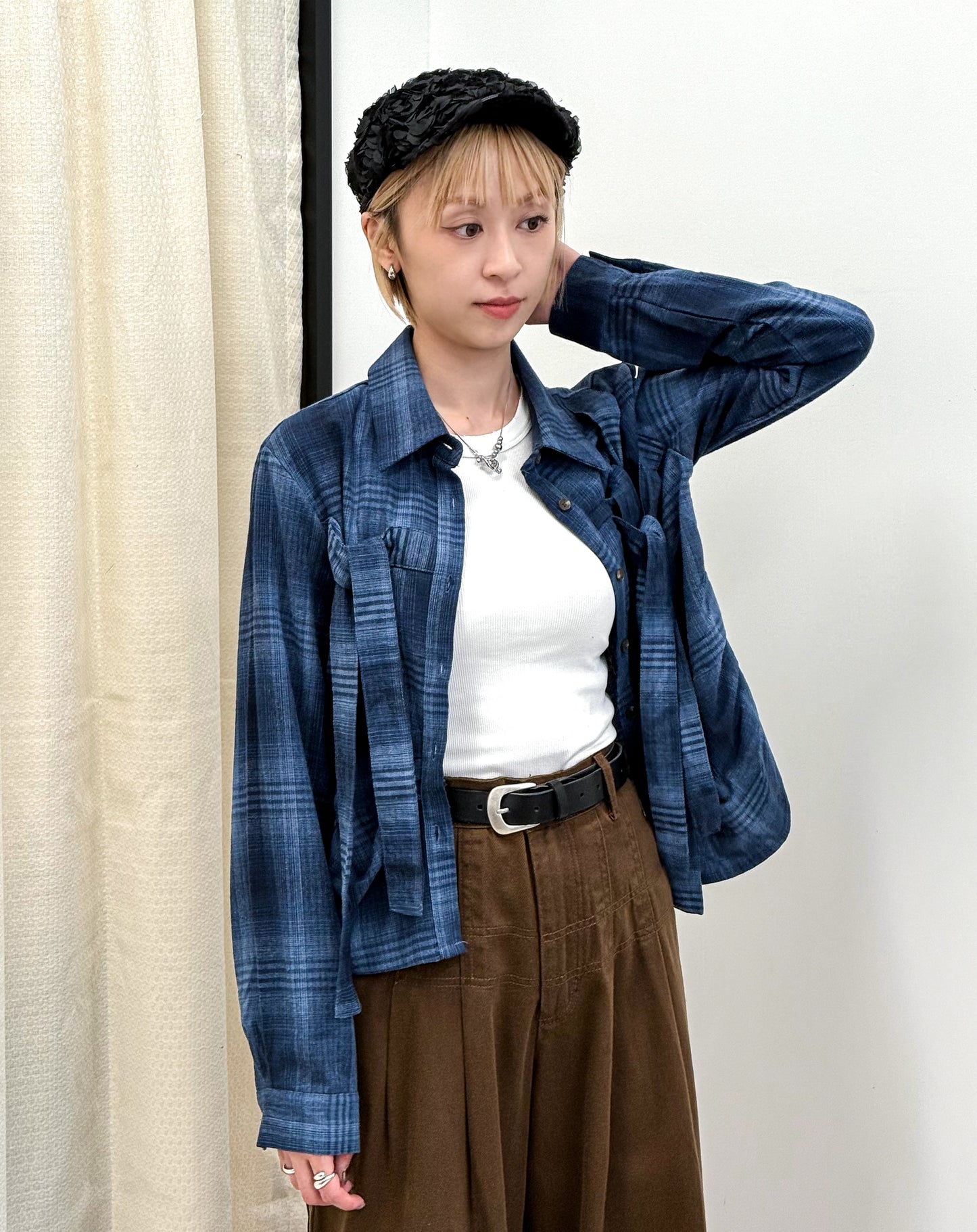 checker gathered shirt(purple/blue/grey)(現貨)