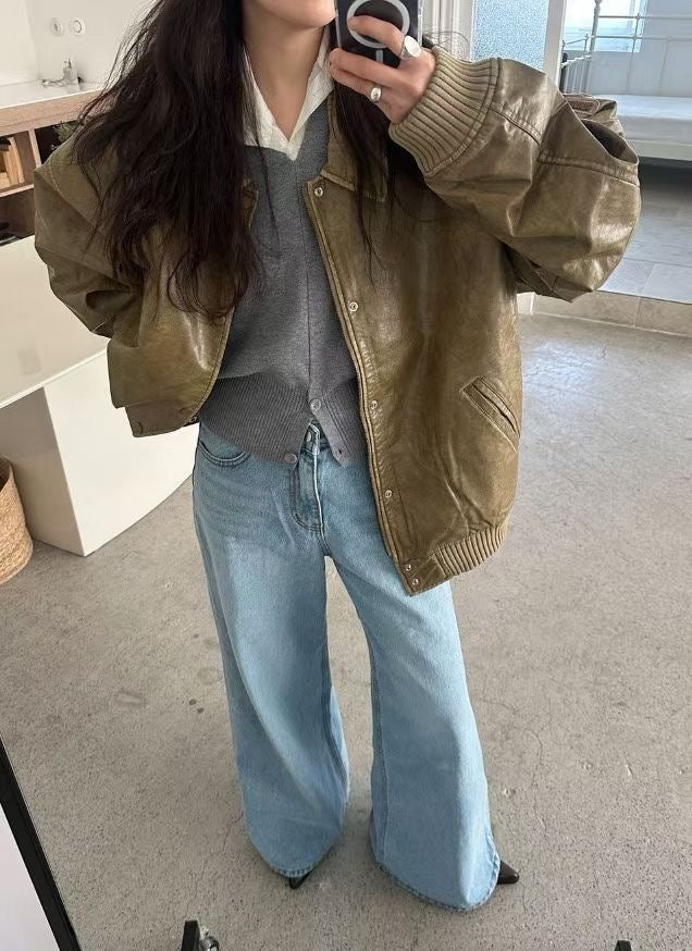 faux leather varsity jacket (olive/green/black)