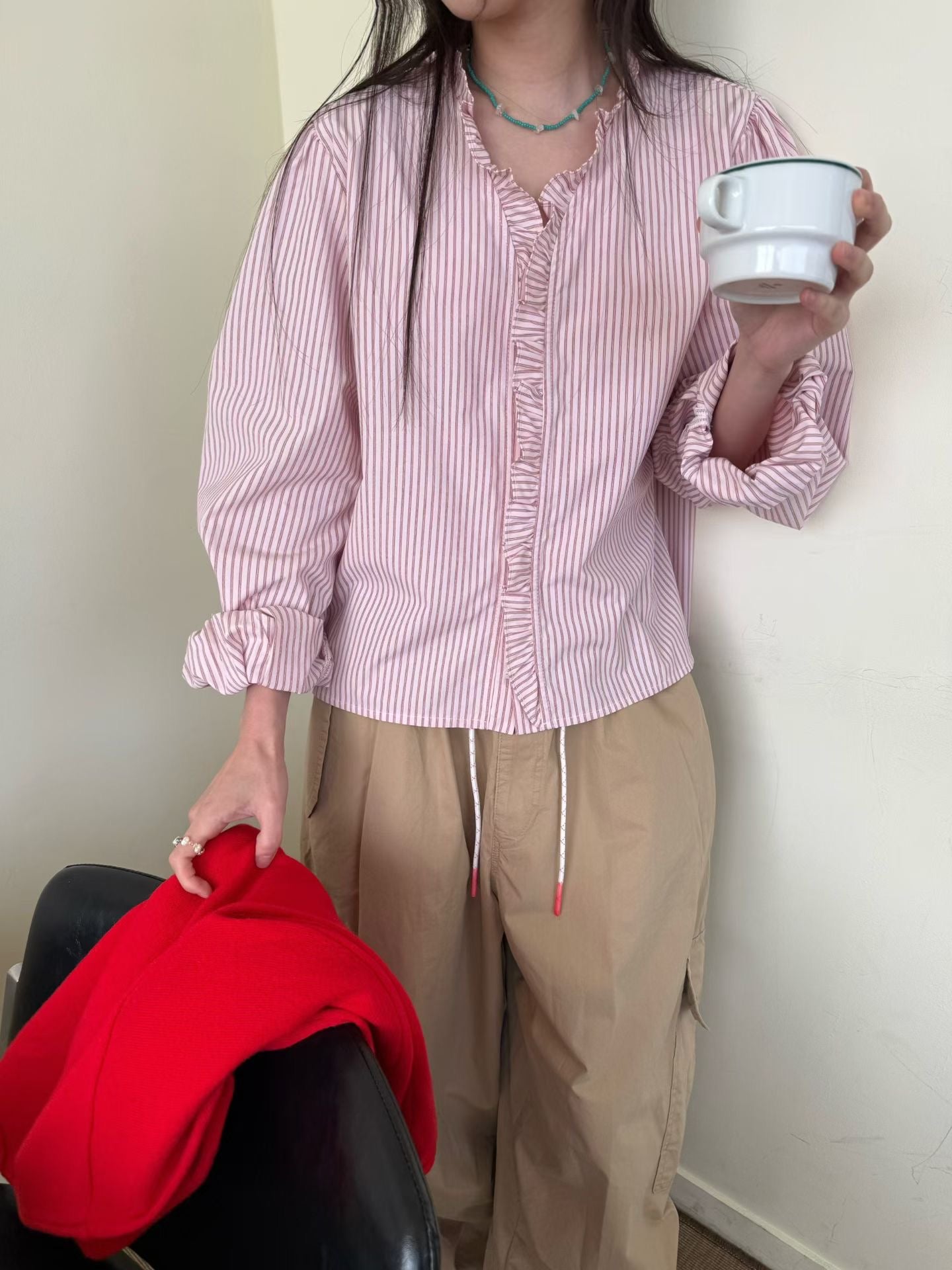 ruffle striped blouse (blue/pink/black)