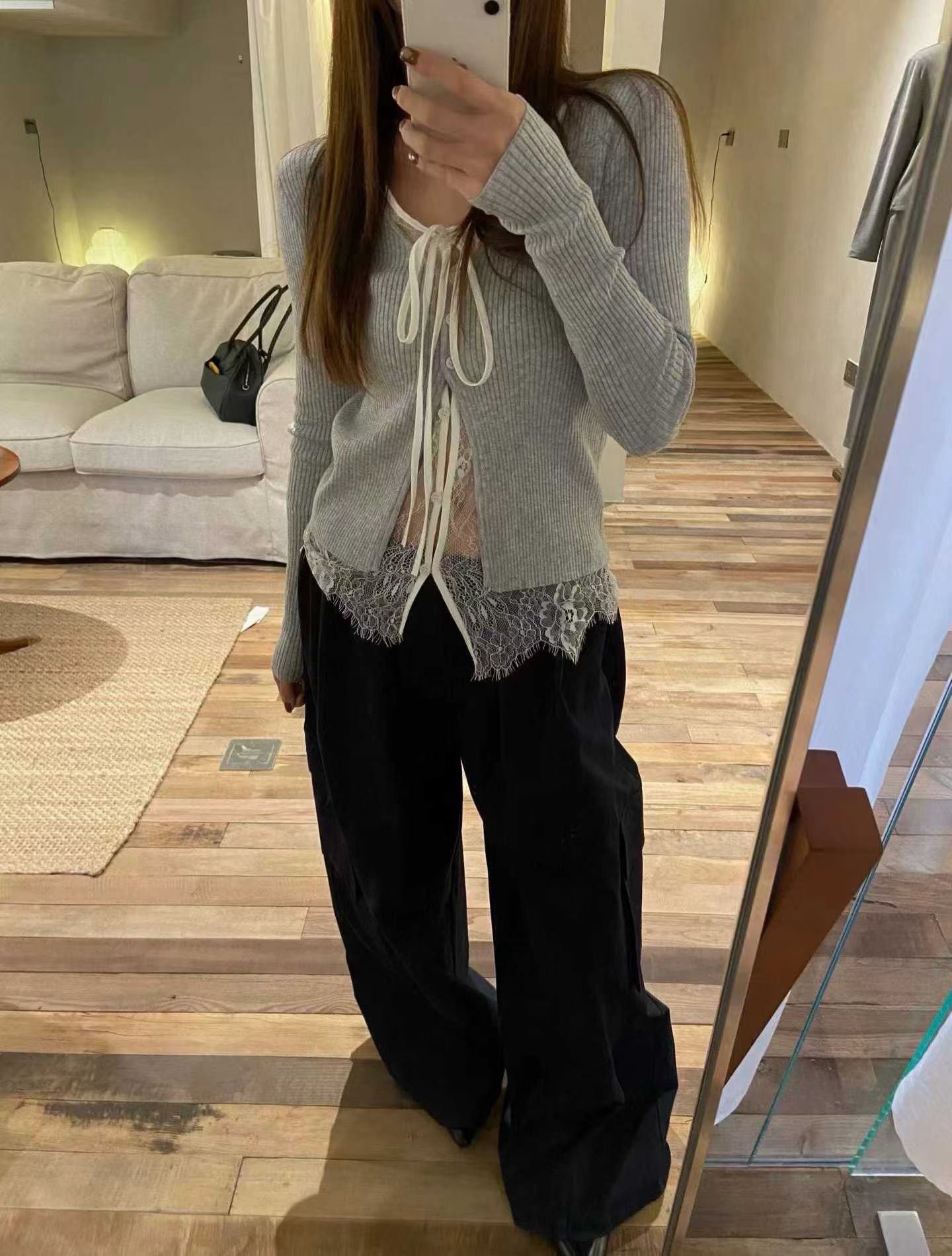 lace knit top(grey/ivory/black)