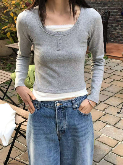 year end sale -2-in 1 button tee （matcha/grey/brown/black)