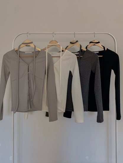 v neck ribbing top(black/light grey)