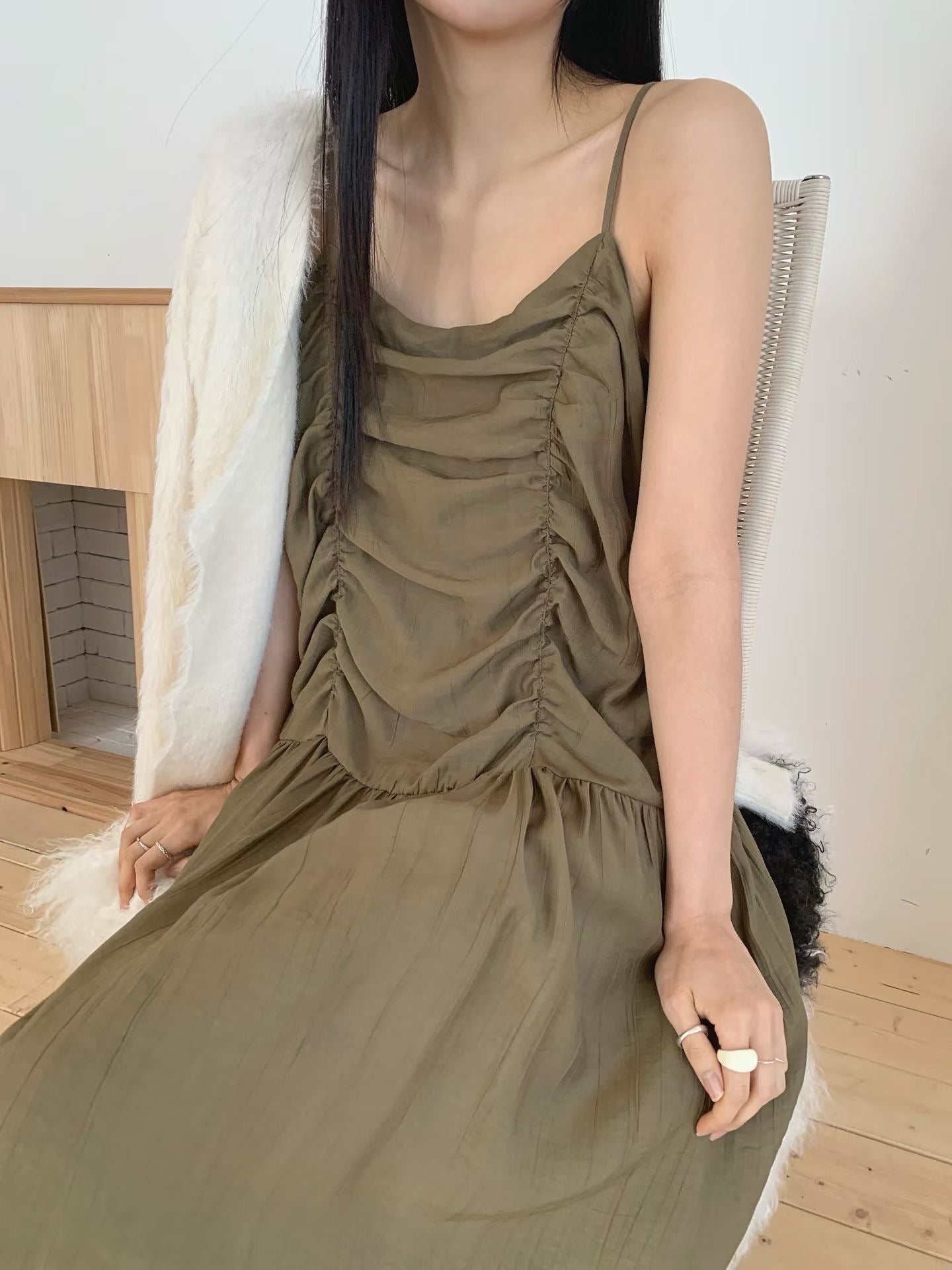 gathered dress(khaki/ivory)