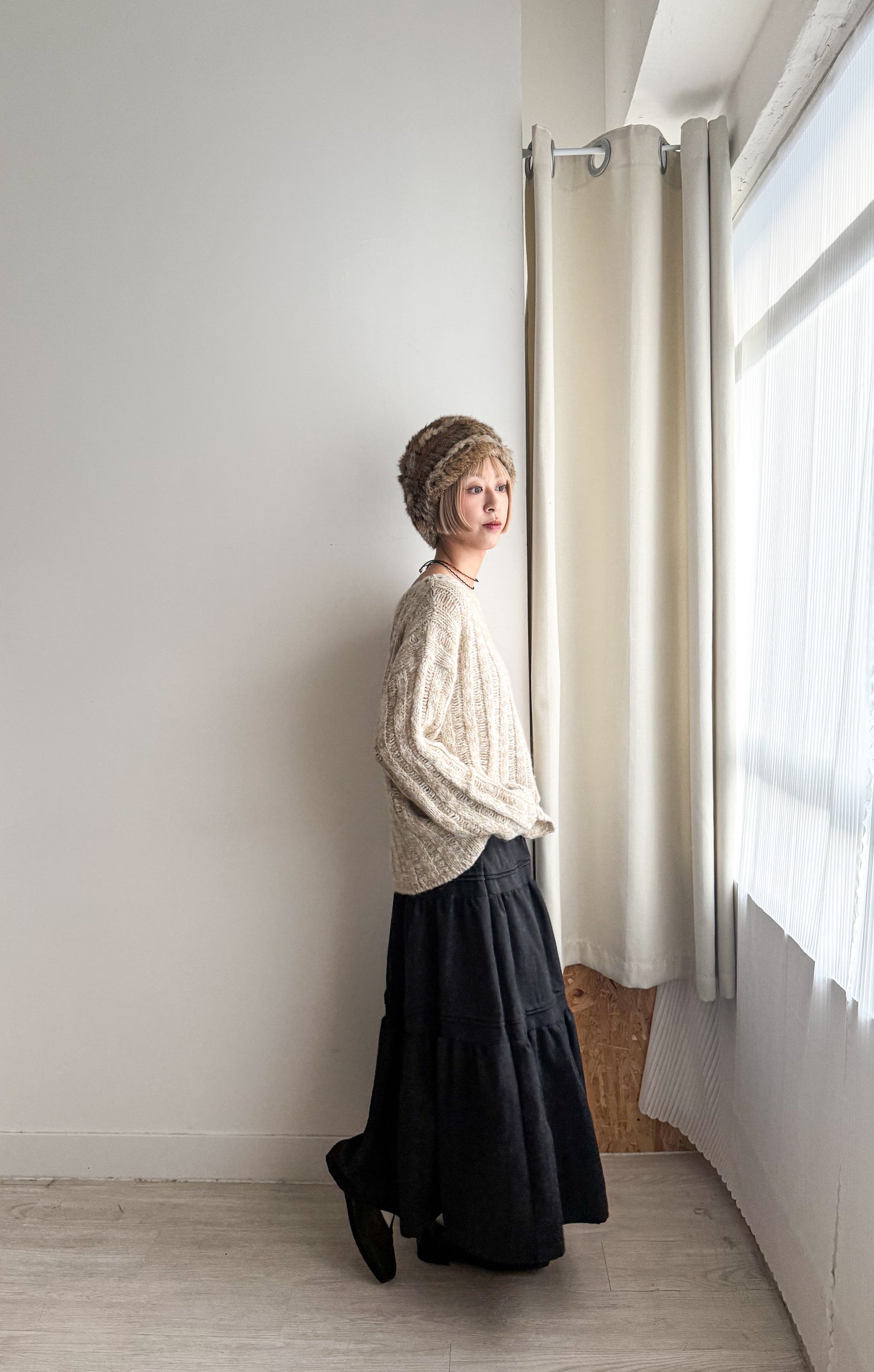 year end sale-wide neck knit top(charcoal/beige)