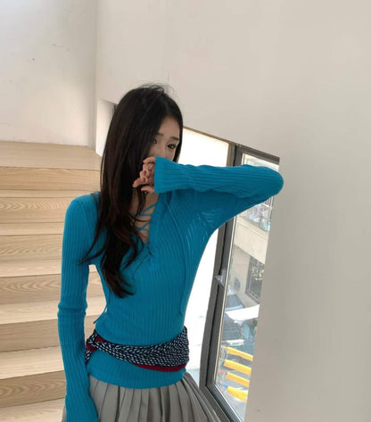 v neck slim top (blue/black/grey/white)