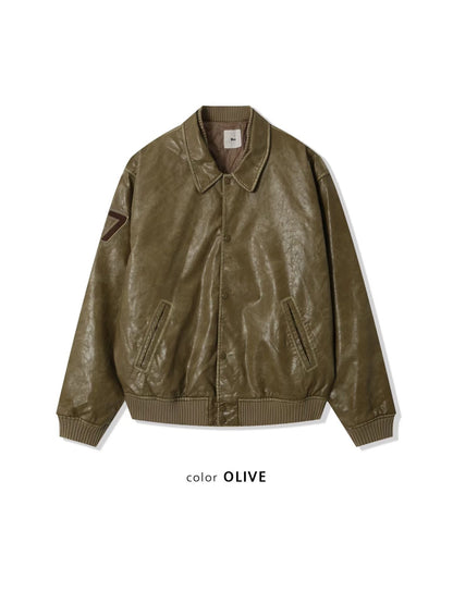 faux leather varsity jacket (olive/green/black)