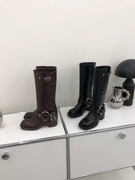 wide calf buckle boots (black/brown)(230-250)